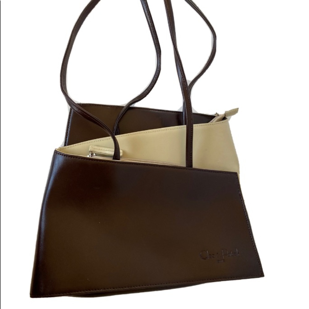 Cleo Patek Paris Leather Zig Zag 2 Tone Brown/Beige Bag Purse Zip Closure